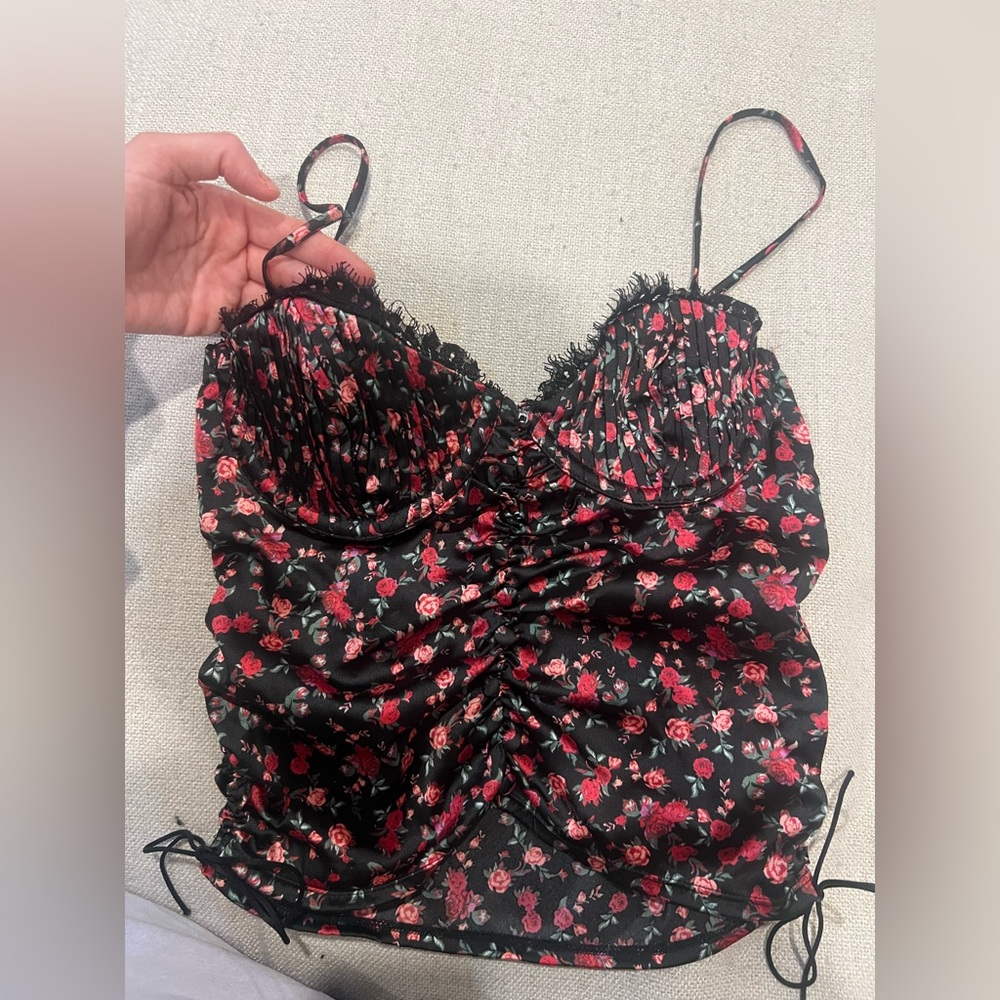 For Love And Lemons Black Red and Pink Floral Corset Top